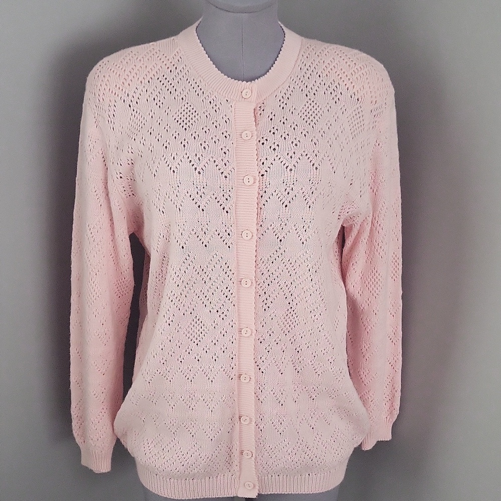 Vintage 80s Helen Harper Pink Pointelle Cardigan | Structured Shoulder | L